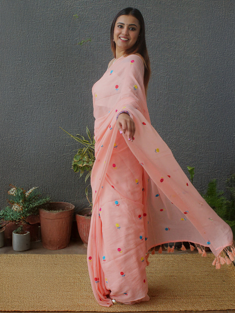 Peach Embroidered Mul Mul Cotton Saree