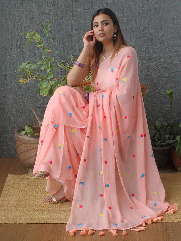Peach Embroidered Mul Mul Cotton Saree