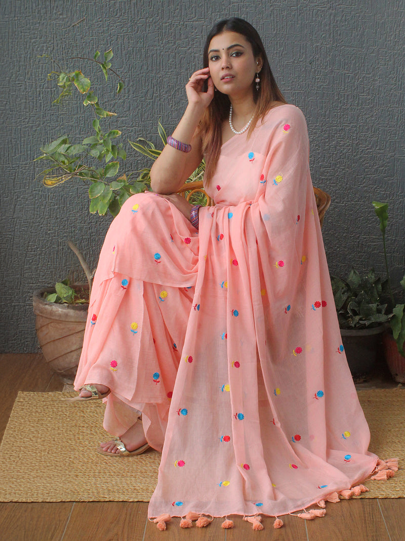 Peach Embroidered Mul Mul Cotton Saree