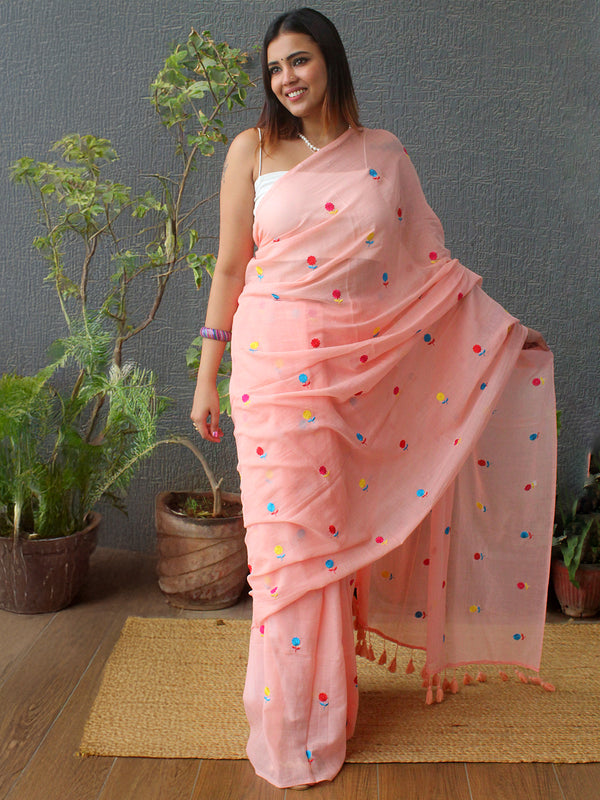 Peach Embroidered Mul Mul Cotton Saree