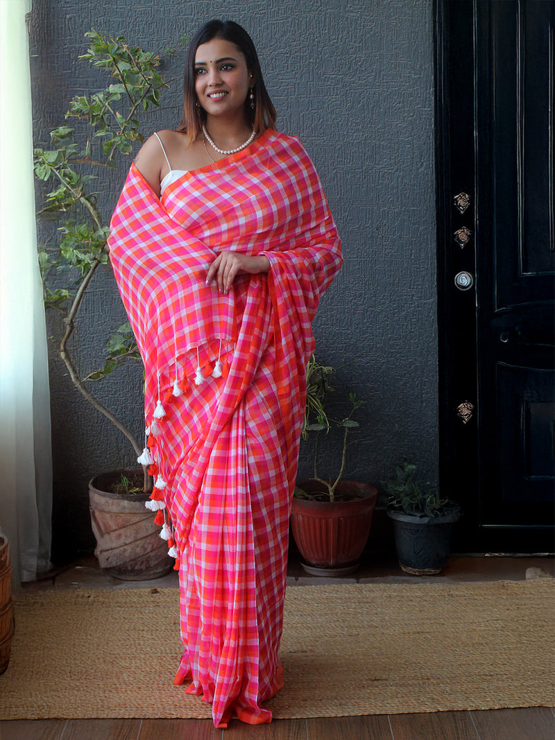 Pink Checks Mul Mul Cotton Saree