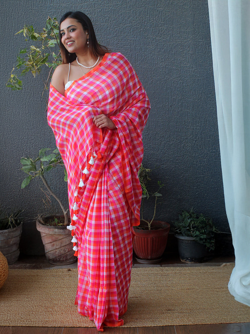 Pink Checks Mul Mul Cotton Saree