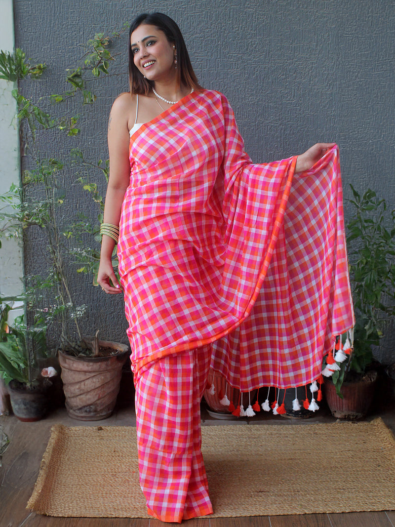 Pink Checks Mul Mul Cotton Saree