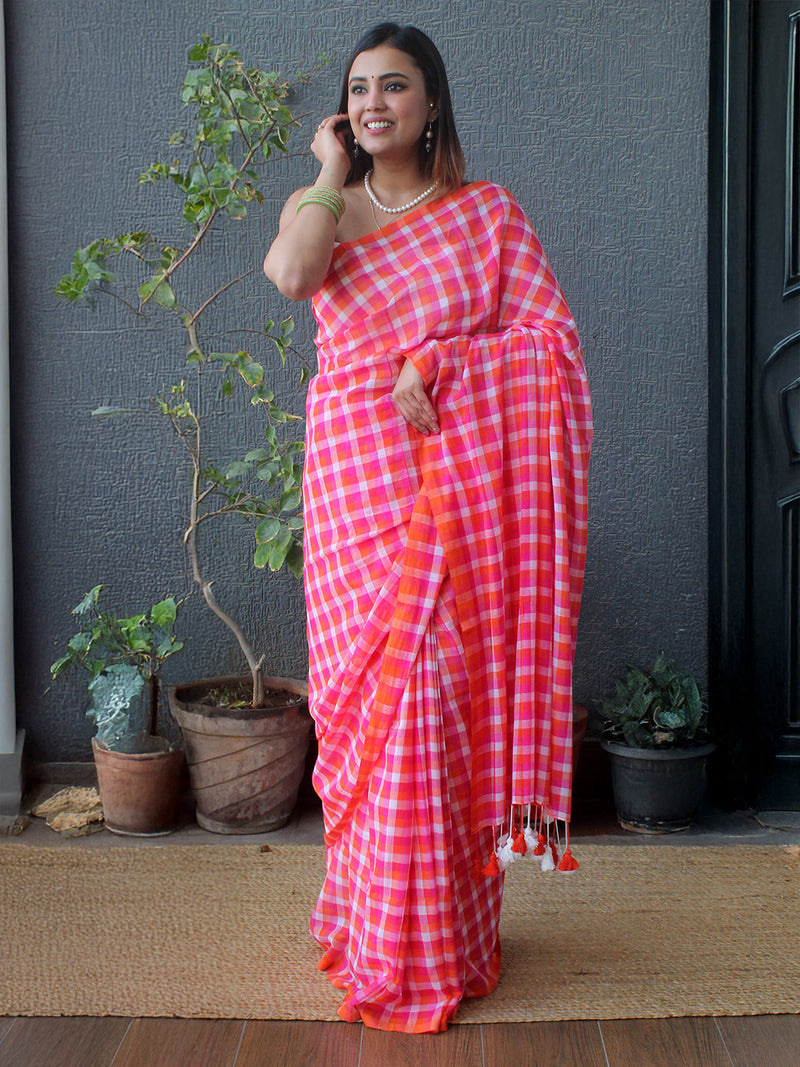 Pink Checks Mul Mul Cotton Saree