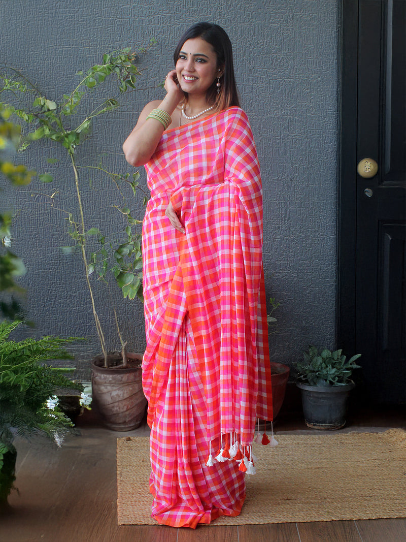 Pink Checks Mul Mul Cotton Saree