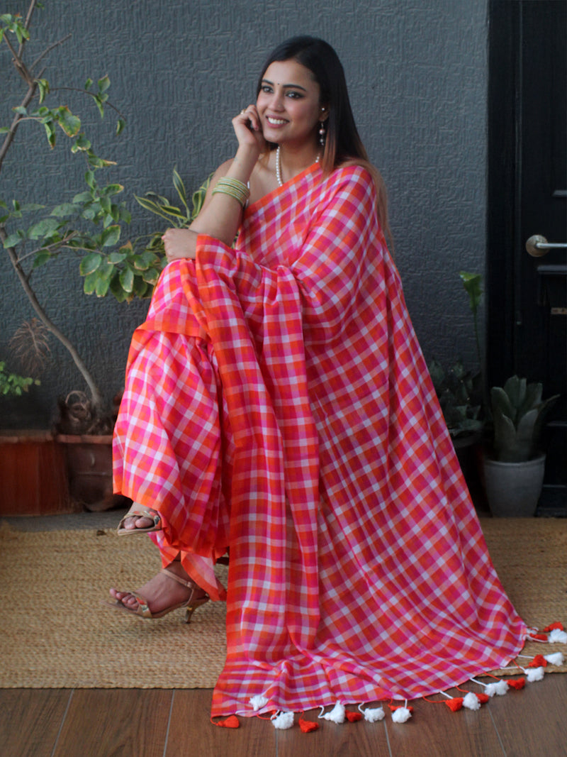 Pink Checks Mul Mul Cotton Saree