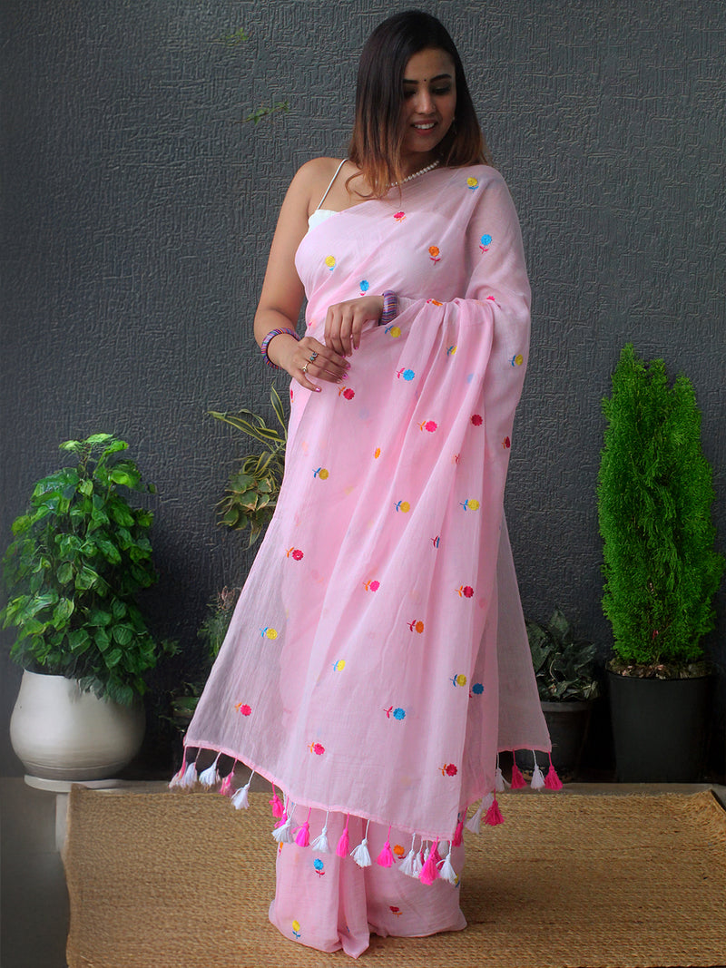 Pink Embroidered Mul Mul Cotton Saree
