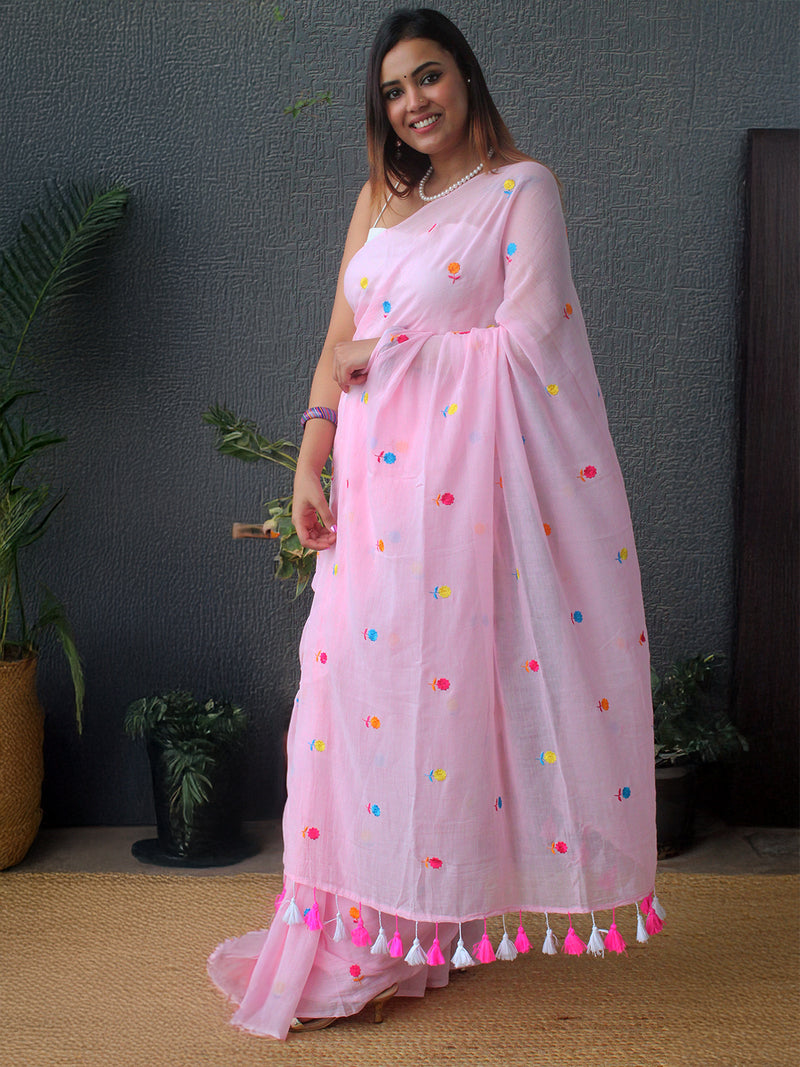 Pink Embroidered Mul Mul Cotton Saree
