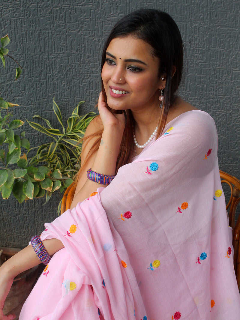 Pink Embroidered Mul Mul Cotton Saree
