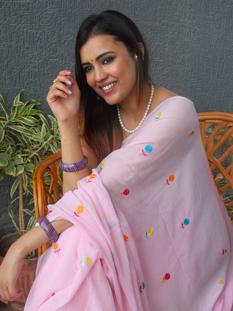 Pink Embroidered Mul Mul Cotton Saree