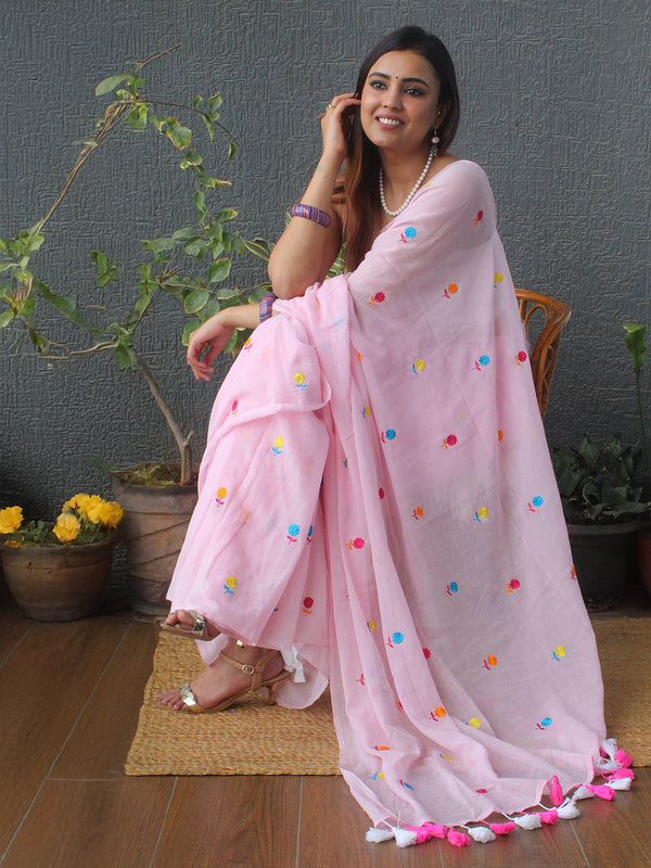 Pink Embroidered Mul Mul Cotton Saree