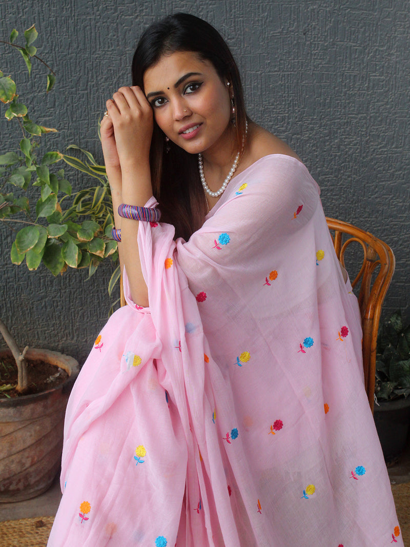 Pink Embroidered Mul Mul Cotton Saree