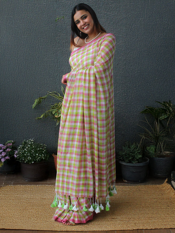 Pink and Green Checks Mul Mul Cotton Saree