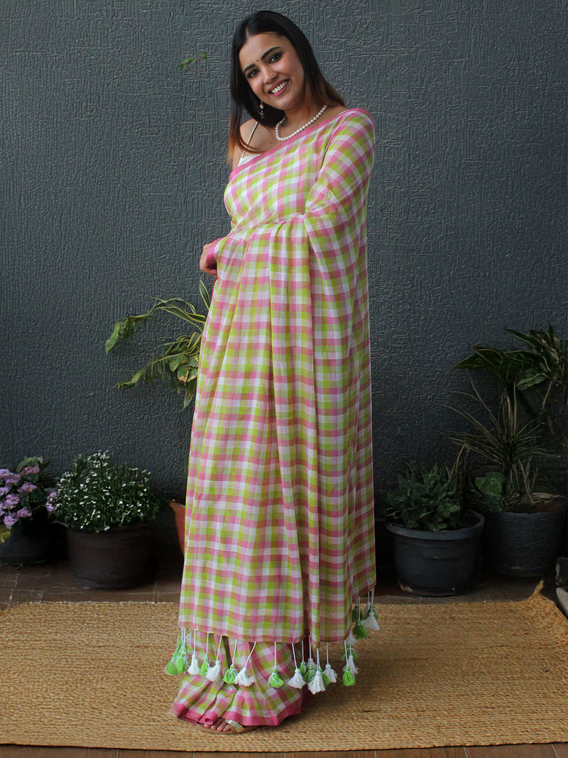 Pink and Green Checks Mul Mul Cotton Saree