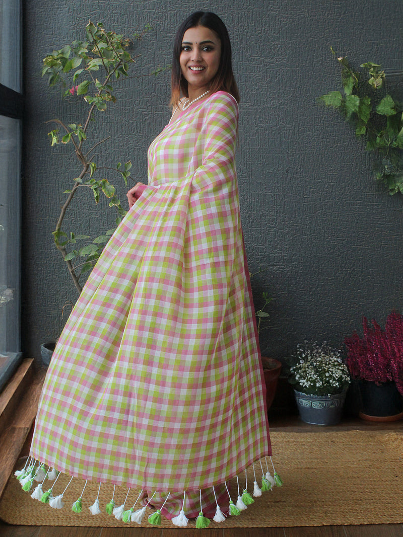 Pink and Green Checks Mul Mul Cotton Saree