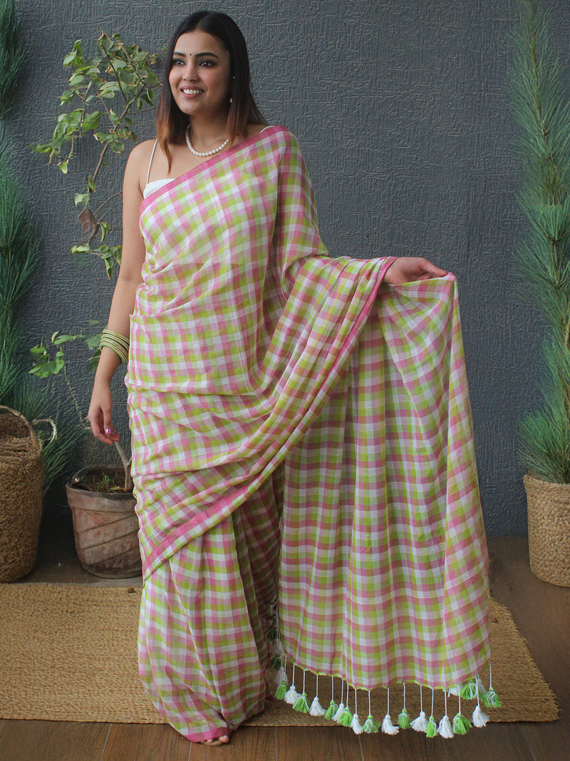 Pink and Green Checks Mul Mul Cotton Saree