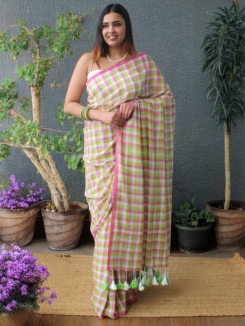 Pink and Green Checks Mul Mul Cotton Saree
