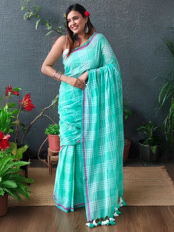 Sea Green Checks Mul Mul Cotton Saree