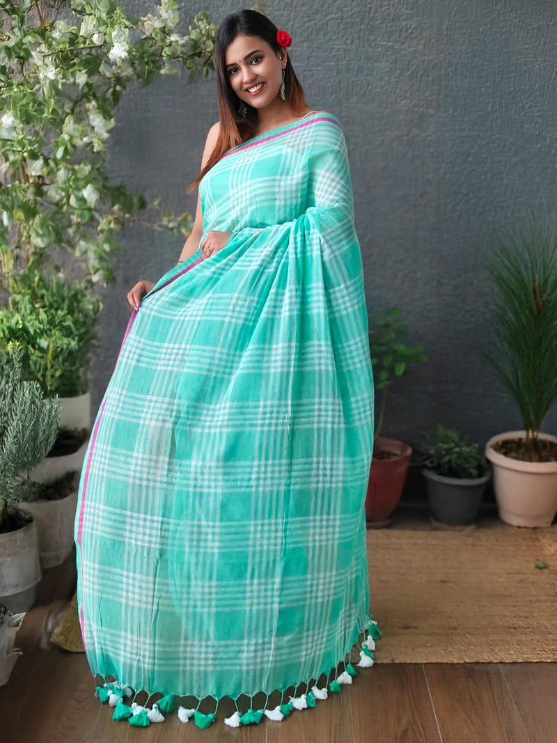 Sea Green Checks Mul Mul Cotton Saree