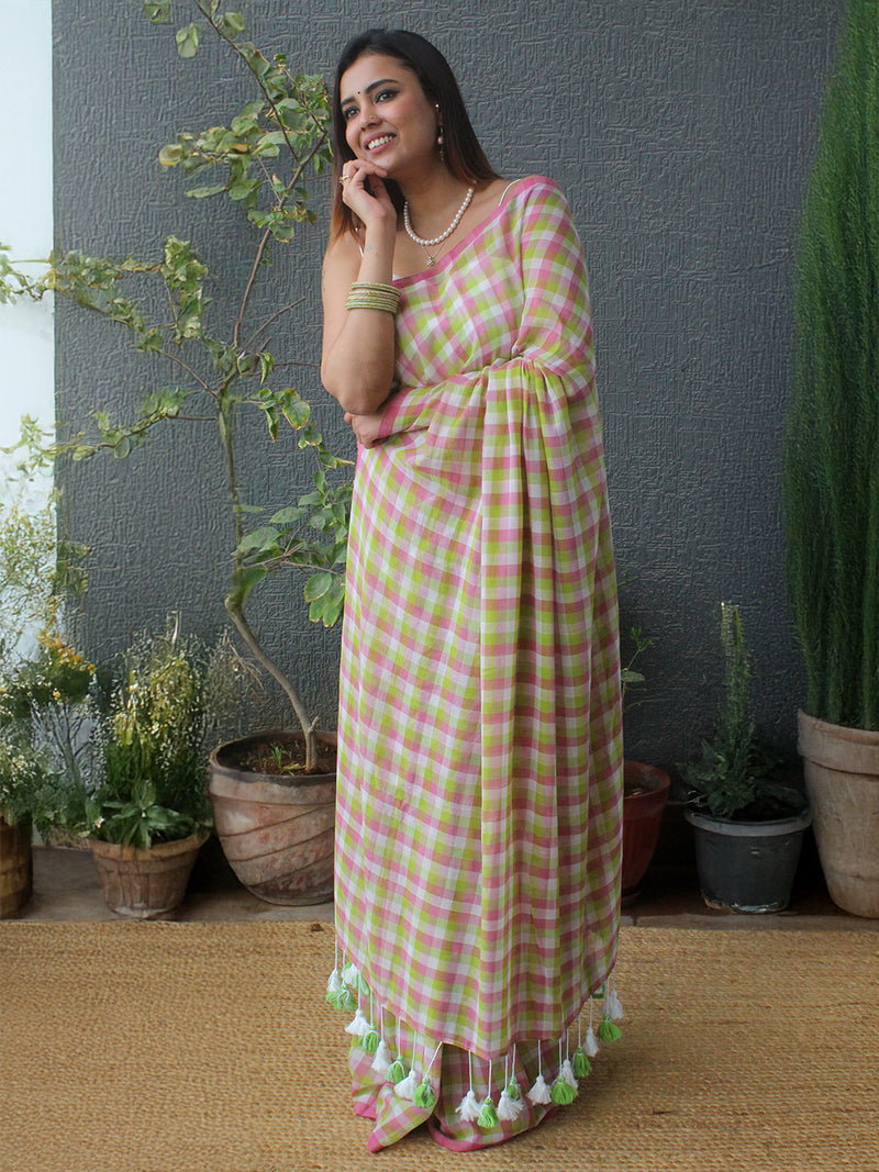 Pink and Green Checks Mul Mul Cotton Saree