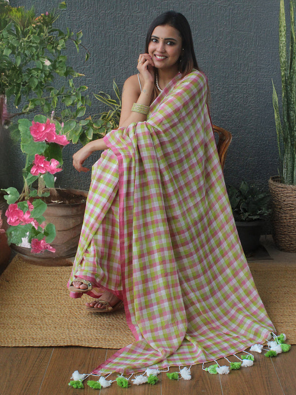 Pink and Green Checks Mul Mul Cotton Saree