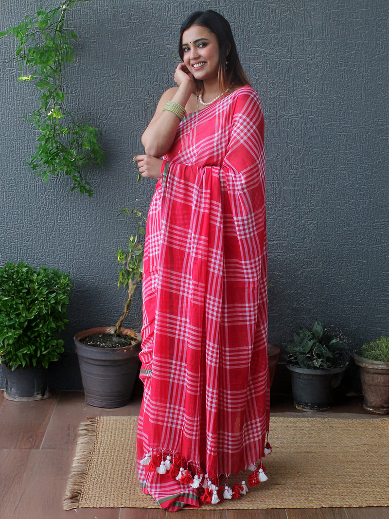 Red and White Checks Mul Mul Cotton Saree