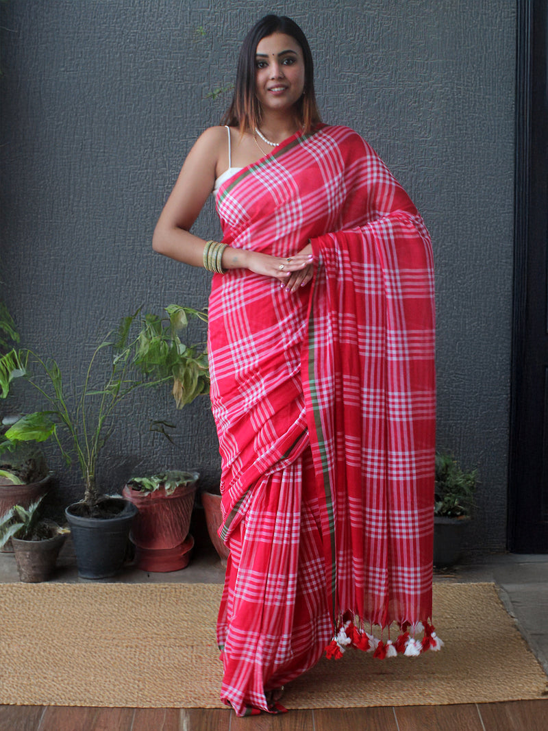 Red and White Checks Mul Mul Cotton Saree