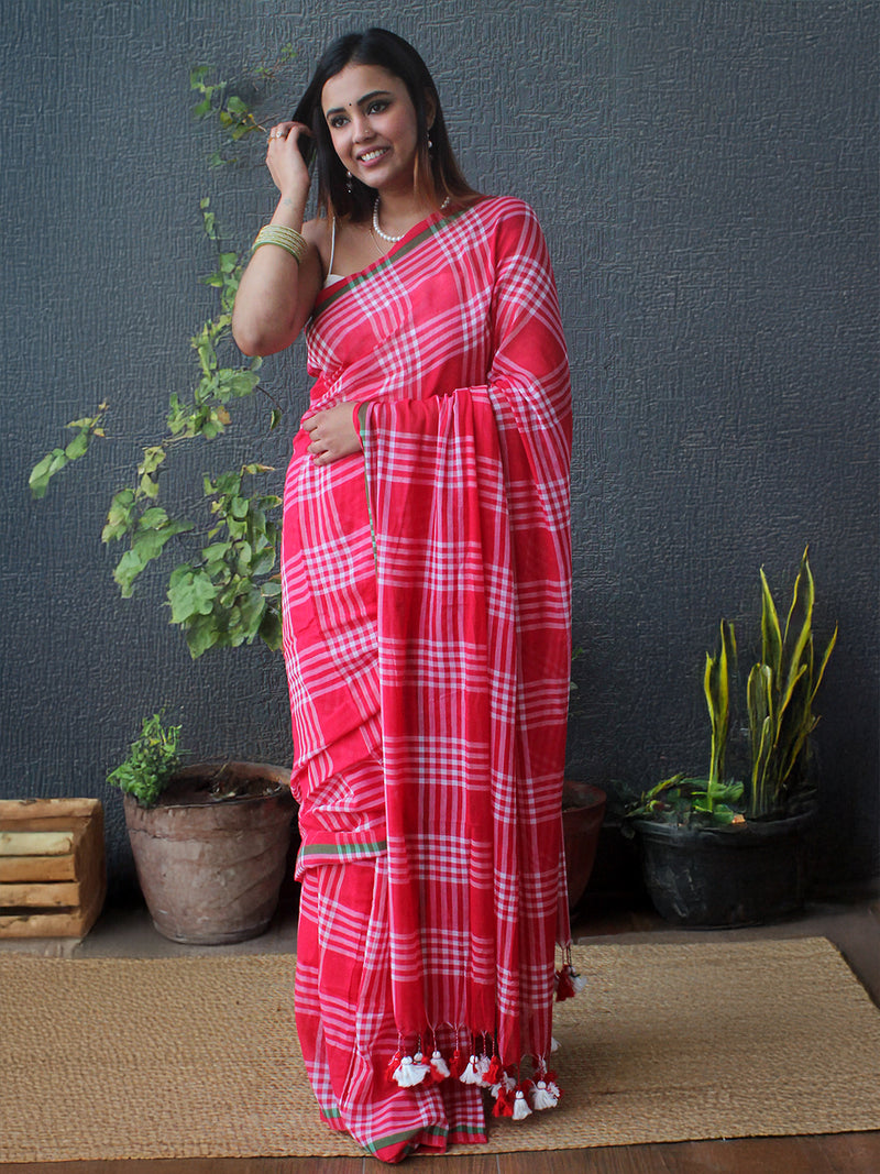 Red and White Checks Mul Mul Cotton Saree