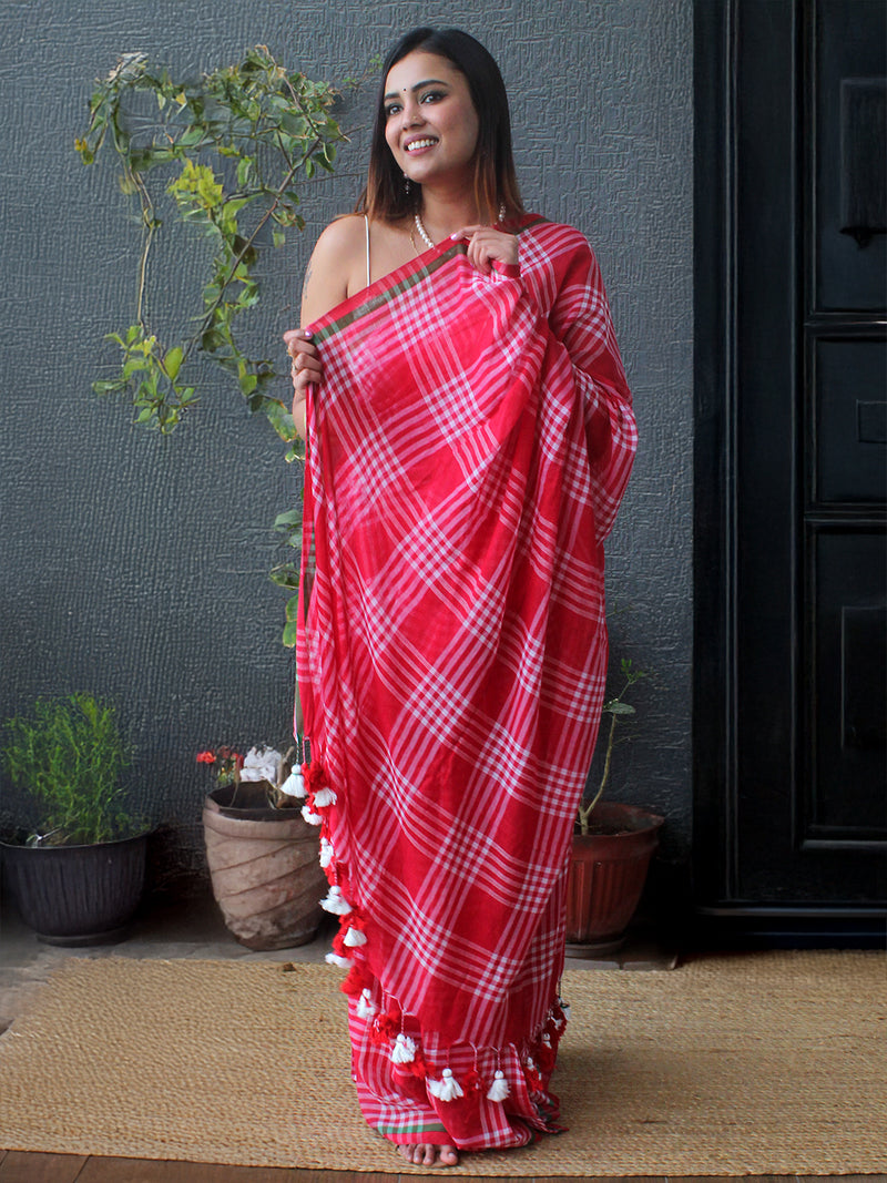 Red and White Checks Mul Mul Cotton Saree