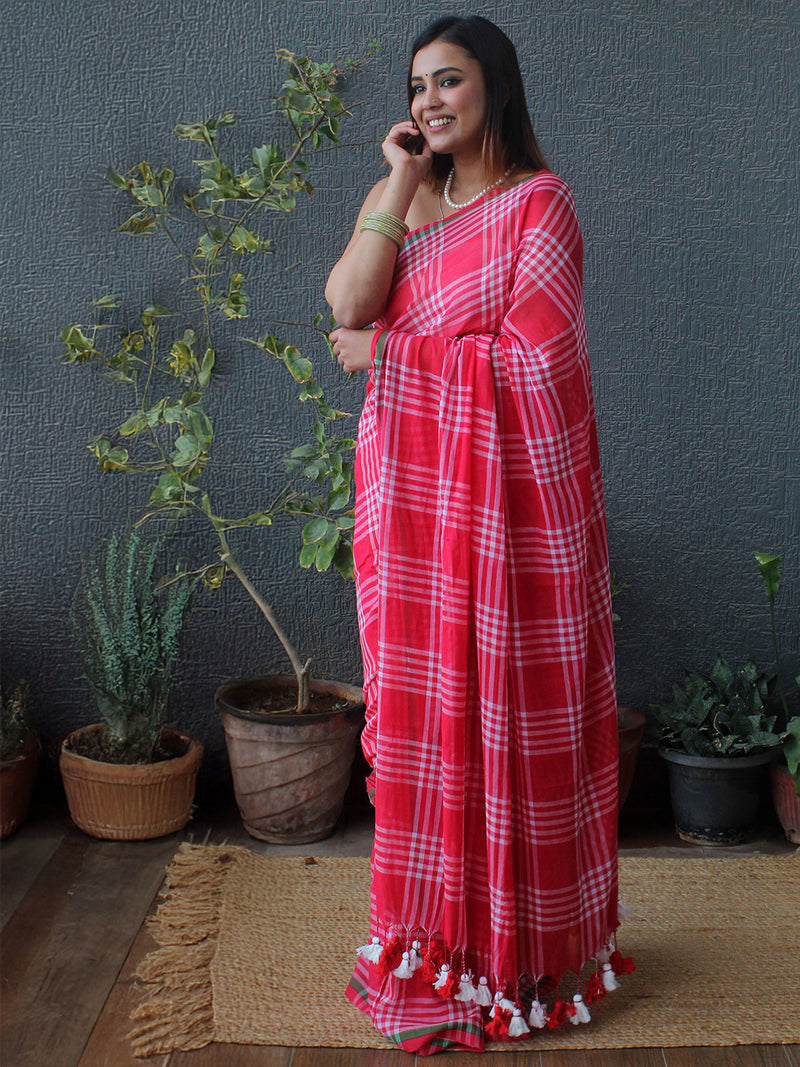 Red and White Checks Mul Mul Cotton Saree