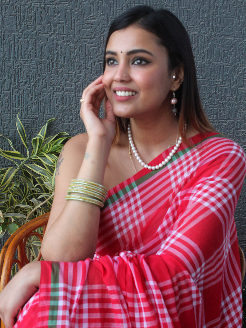 Red and White Checks Mul Mul Cotton Saree