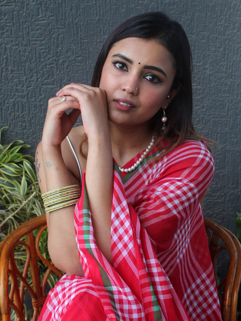 Red and White Checks Mul Mul Cotton Saree