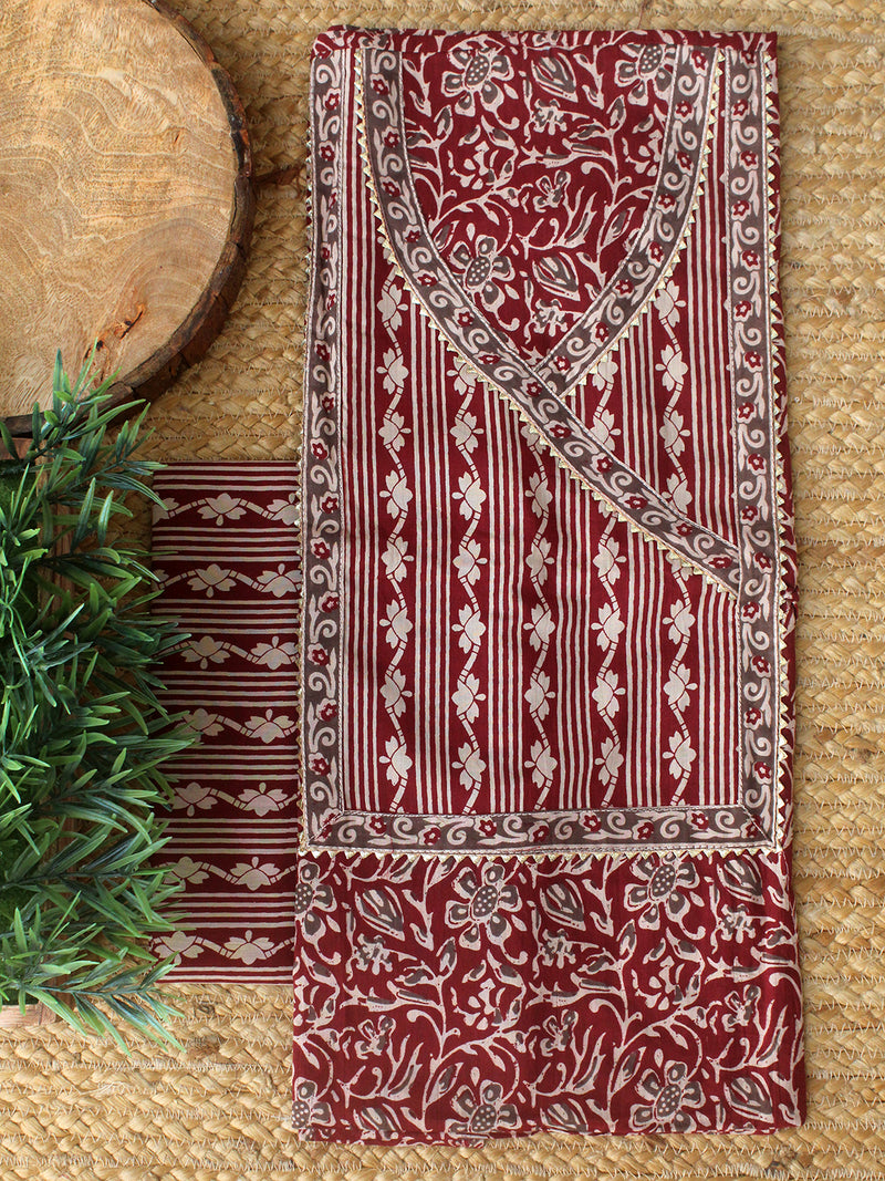 Maroon Hand Screen Printed Pure Cotton Dress Material with Mul Cotton Dupatta