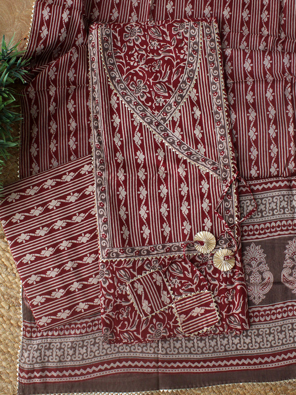 Maroon Hand Screen Printed Pure Cotton Dress Material with Mul Cotton Dupatta