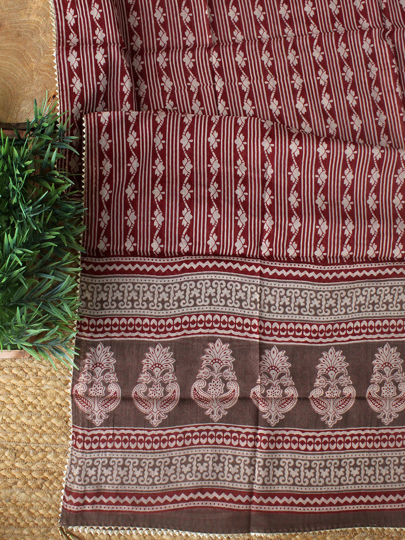 Maroon Hand Screen Printed Pure Cotton Dress Material with Mul Cotton Dupatta