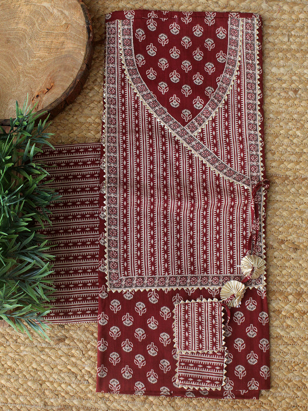 Maroon Hand Screen Printed Pure Cotton Dress Material with Mul Cotton Dupatta