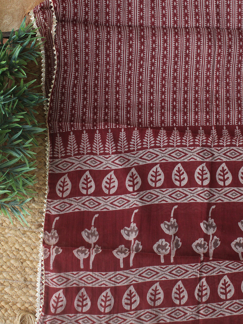 Maroon Hand Screen Printed Pure Cotton Dress Material with Mul Cotton Dupatta