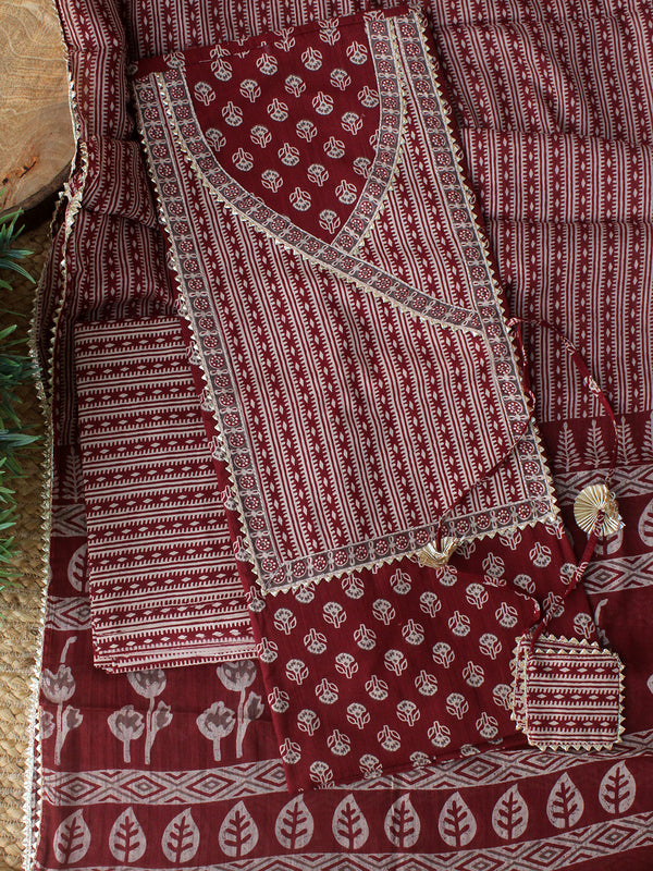 Maroon Hand Screen Printed Pure Cotton Dress Material with Mul Cotton Dupatta