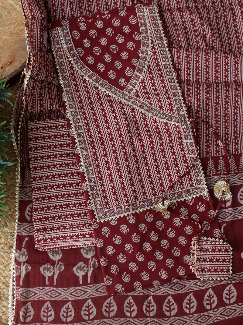 Maroon Hand Screen Printed Pure Cotton Dress Material with Mul Cotton Dupatta
