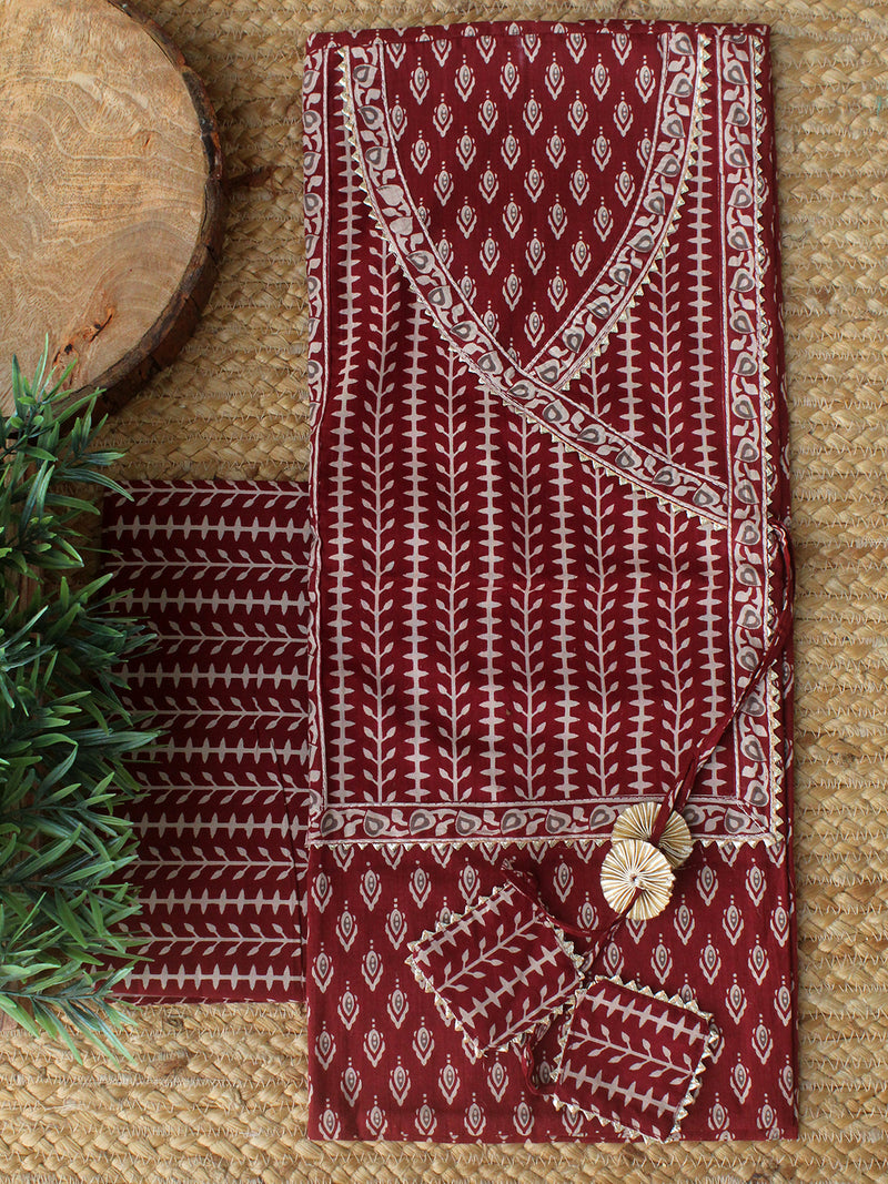 Maroon Hand Screen Printed Pure Cotton Dress Material with Mul Cotton Dupatta