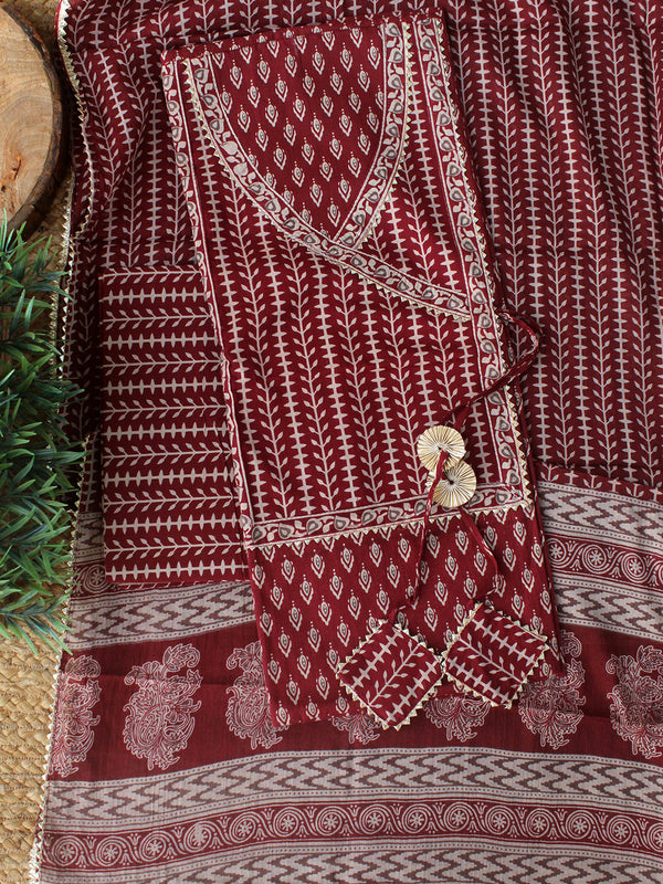 Maroon Hand Screen Printed Pure Cotton Dress Material with Mul Cotton Dupatta