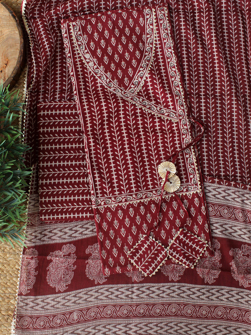 Maroon Hand Screen Printed Pure Cotton Dress Material with Mul Cotton Dupatta