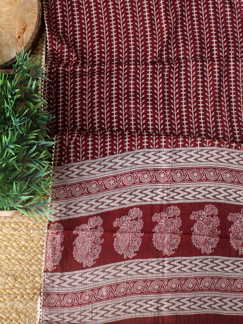 Maroon Hand Screen Printed Pure Cotton Dress Material with Mul Cotton Dupatta
