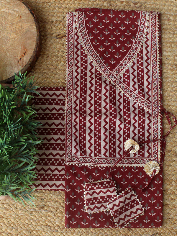 Maroon Hand Screen Printed Pure Cotton Dress Material with Mul Cotton Dupatta