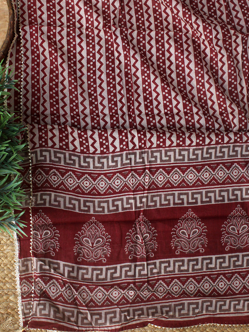 Maroon Hand Screen Printed Pure Cotton Dress Material with Mul Cotton Dupatta
