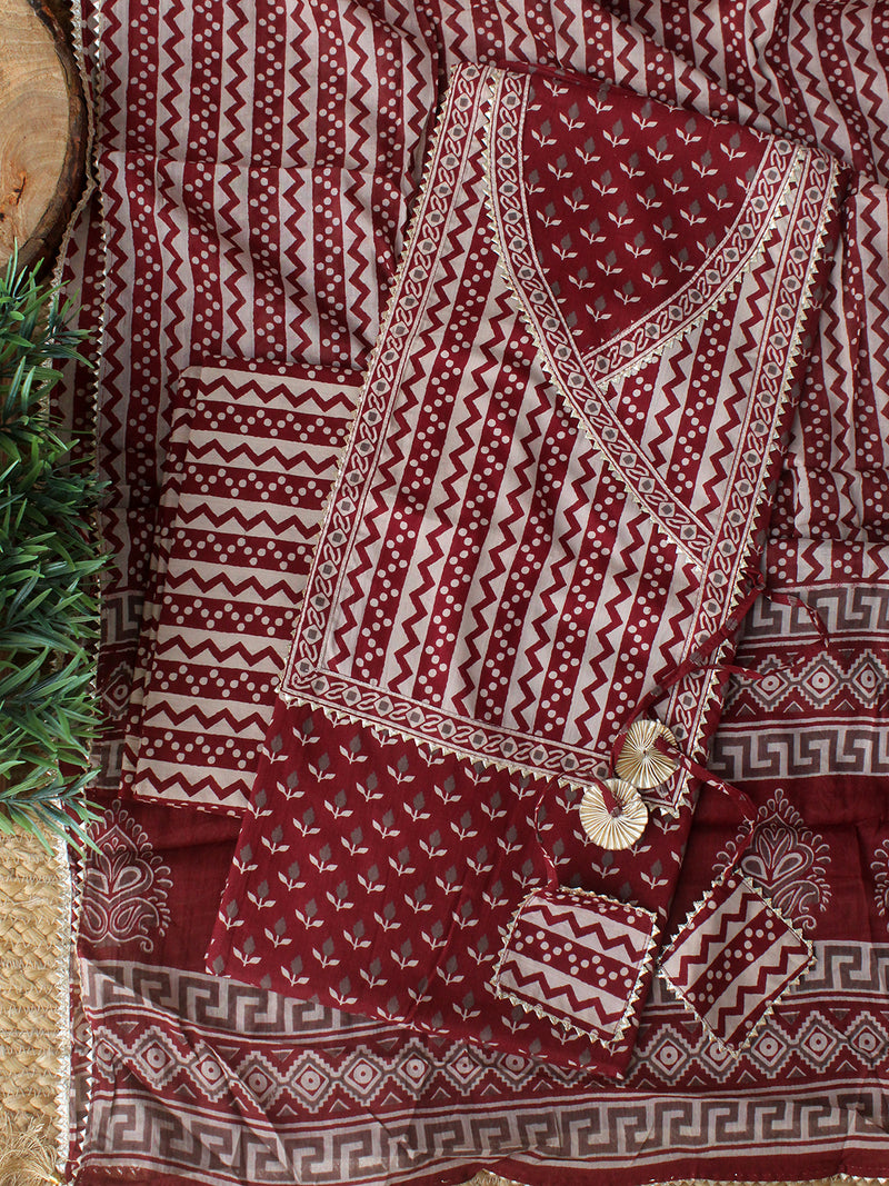 Maroon Hand Screen Printed Pure Cotton Dress Material with Mul Cotton Dupatta