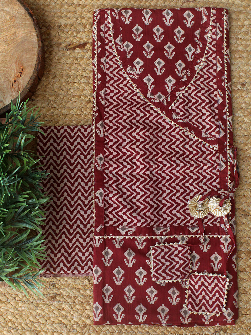Maroon Hand Screen Printed Pure Cotton Dress Material with Mul Cotton Dupatta