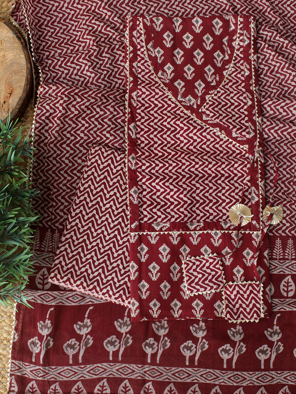 Maroon Hand Screen Printed Pure Cotton Dress Material with Mul Cotton Dupatta