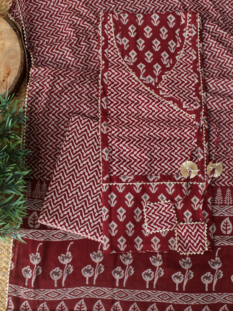 Maroon Hand Screen Printed Pure Cotton Dress Material with Mul Cotton Dupatta