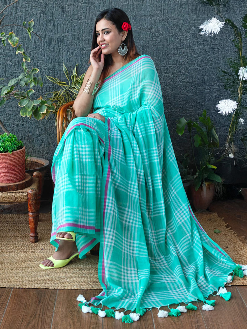 Sea Green Checks Mul Mul Cotton Saree
